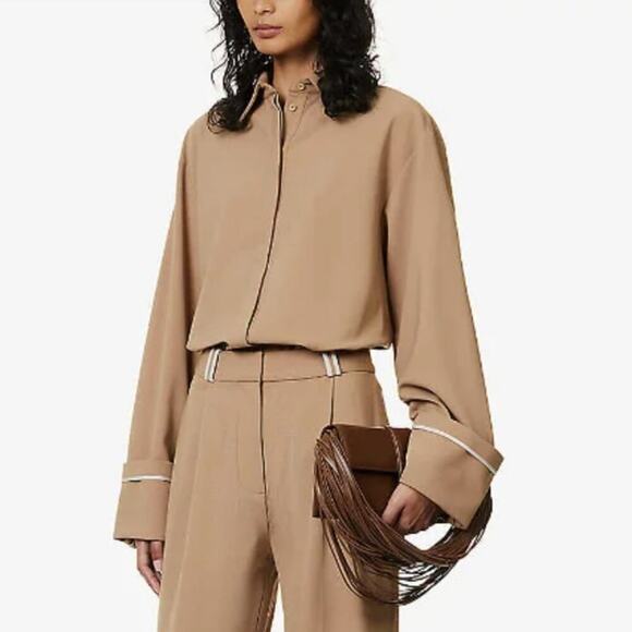 SIR Women's Neutral Tan Wool Blend Collar Oversize Fit Button Up Shirt Office - Picture 1 of 12